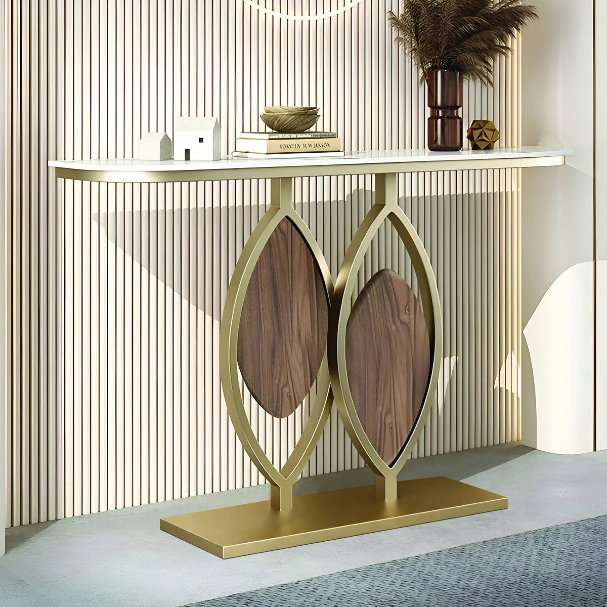Artistic Console Table with White Marble Top and Leaf Inspired Base