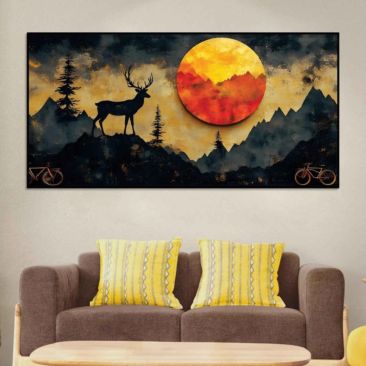 Artistic Deer Canvas Wall Art Sunset Mountain Painting