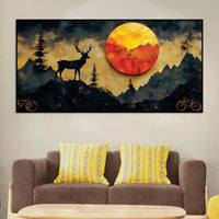Artistic Deer Canvas Wall Art Sunset Mountain Painting