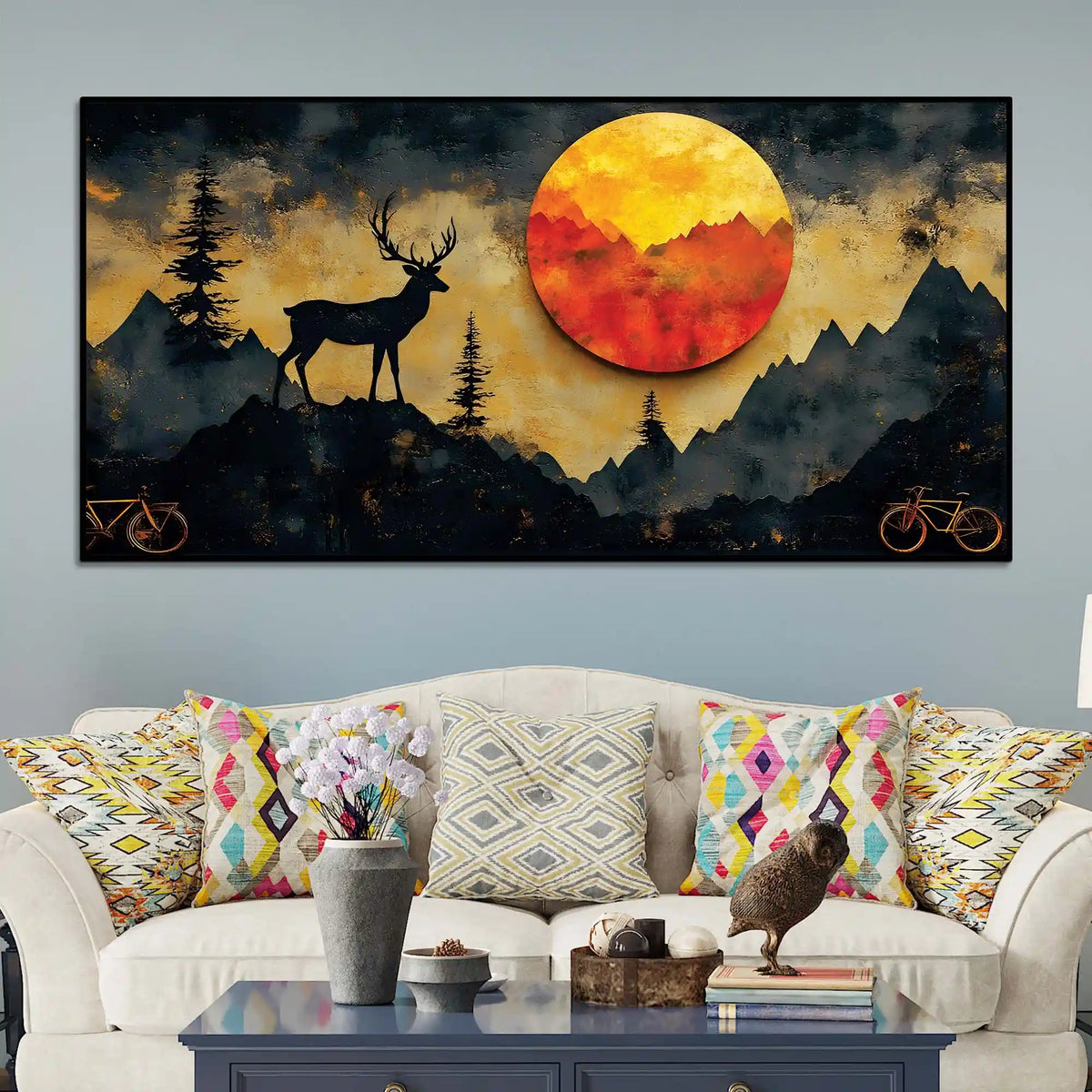 Artistic Deer Canvas Wall Art Sunset Mountain Painting