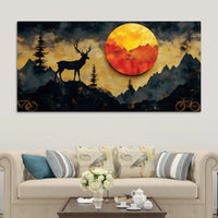 Artistic Deer Canvas Wall Art Sunset Mountain Painting