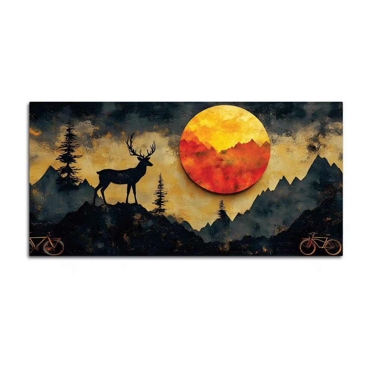 Artistic Deer Canvas Wall Art Sunset Mountain Painting