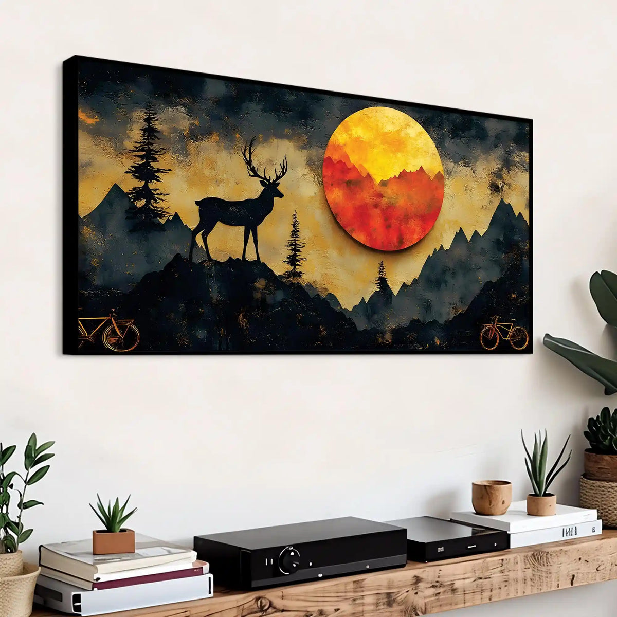 Artistic Deer Canvas Wall Art Sunset Mountain Painting