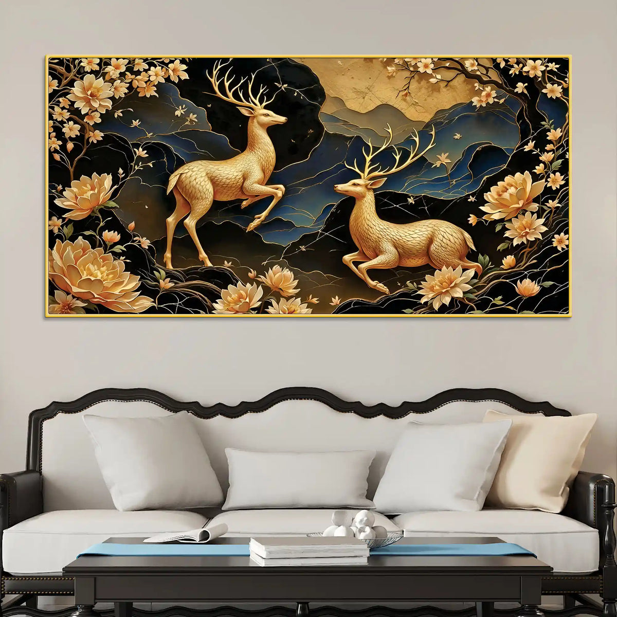 Artistic Deer Floral Canvas Wall Painting for Premium Luxury Decor
