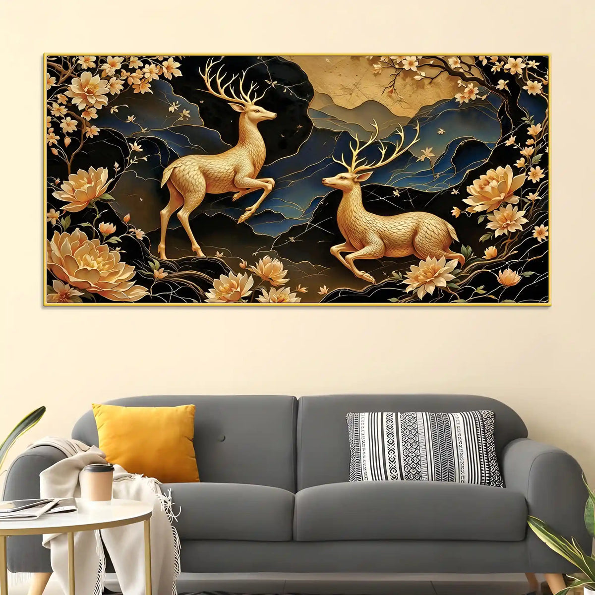 Artistic Deer Floral Canvas Wall Painting for Premium Luxury Decor