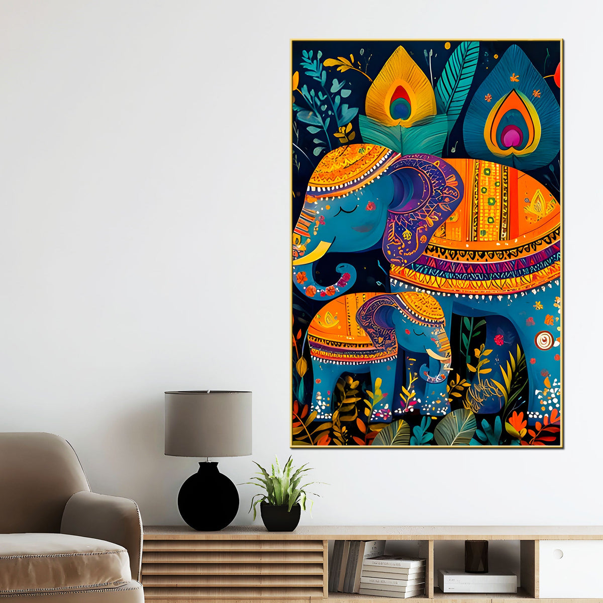 Artistic Elephant Mother & Baby Colorful Canvas Wall Painting