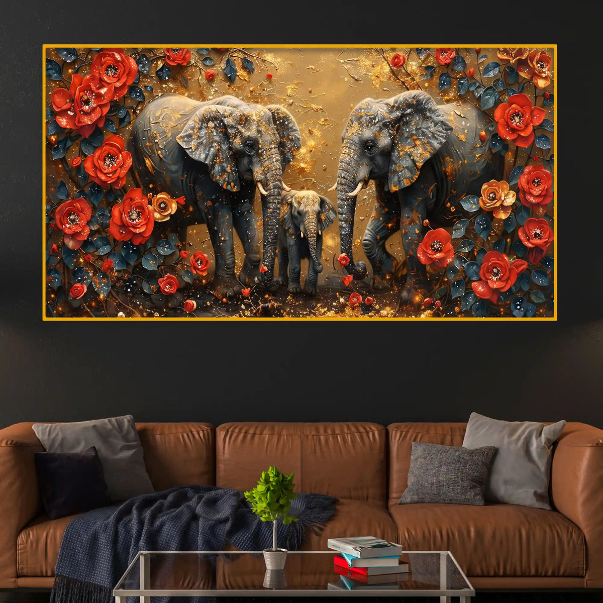 Artistic Floral Elephant Family Crystal Glass Wall Painting