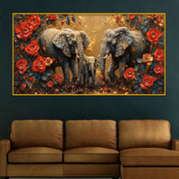 Artistic Floral Elephant Family Crystal Glass Wall Painting