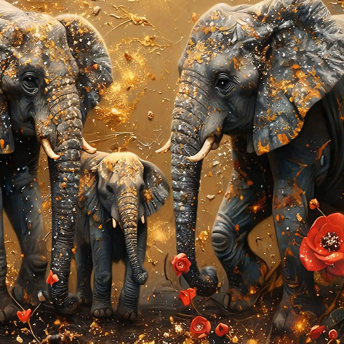 Artistic Floral Elephant Family Crystal Glass Wall Painting