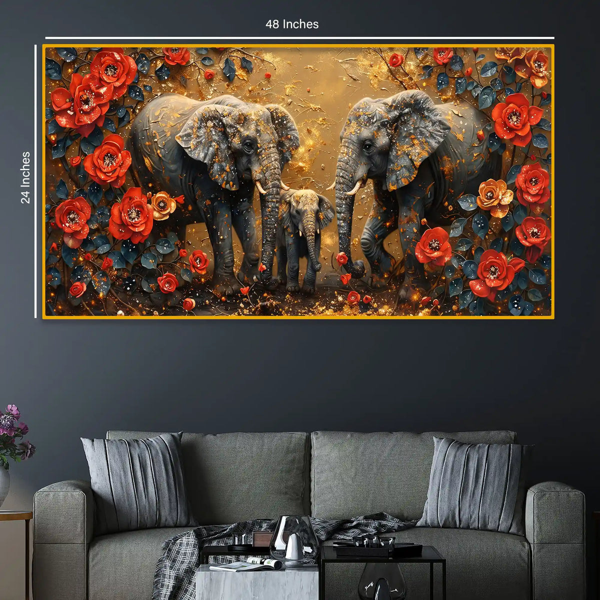 Artistic Floral Elephant Family Crystal Glass Wall Painting
