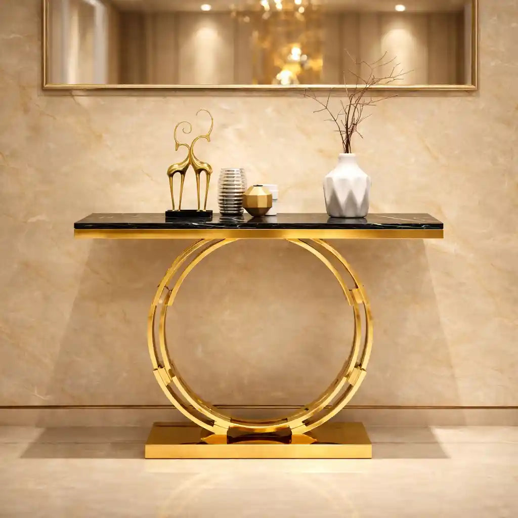 Artistic Golden Ring Metal Base Console Table with Glossy Marble Finish