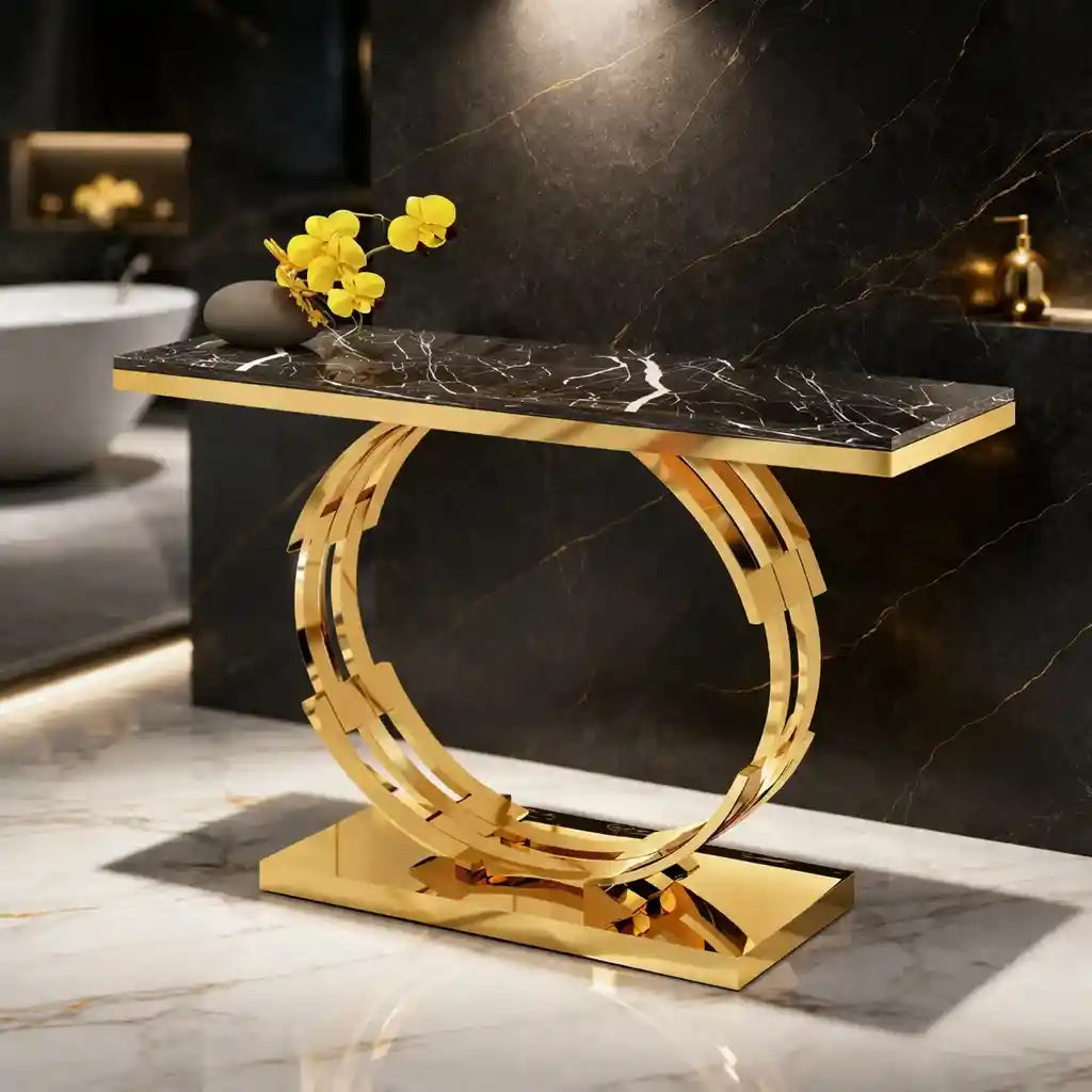 Artistic Golden Ring Metal Base Console Table with Glossy Marble Finish