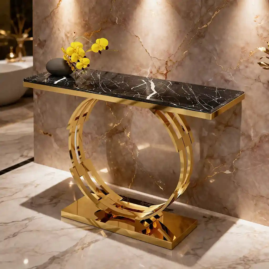 Artistic Golden Ring Metal Base Console Table with Glossy Marble Finish