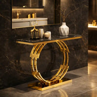 Artistic Golden Ring Metal Base Console Table with Glossy Marble Finish