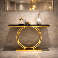 Artistic Golden Ring Metal Base Console Table with Glossy Marble Finish