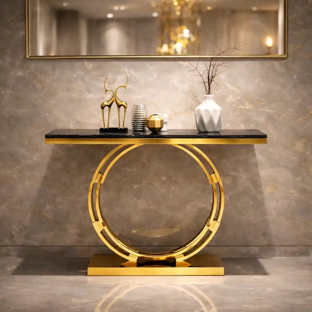 Artistic Golden Ring Metal Base Console Table with Glossy Marble Finish