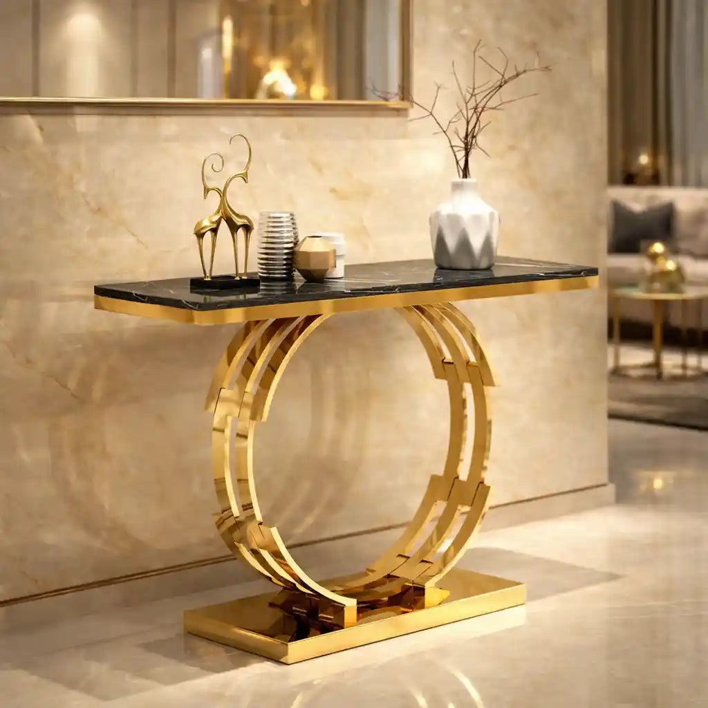 Artistic Golden Ring Metal Base Console Table with Glossy Marble Finish