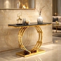 Artistic Golden Ring Metal Base Console Table with Glossy Marble Finish