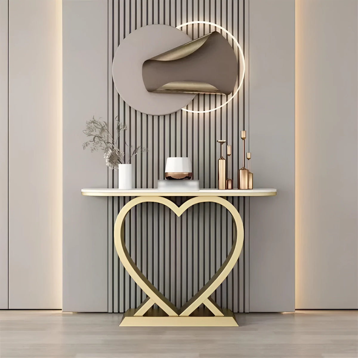 Artistic Marble Console Featuring Unique Gold Heart Frame