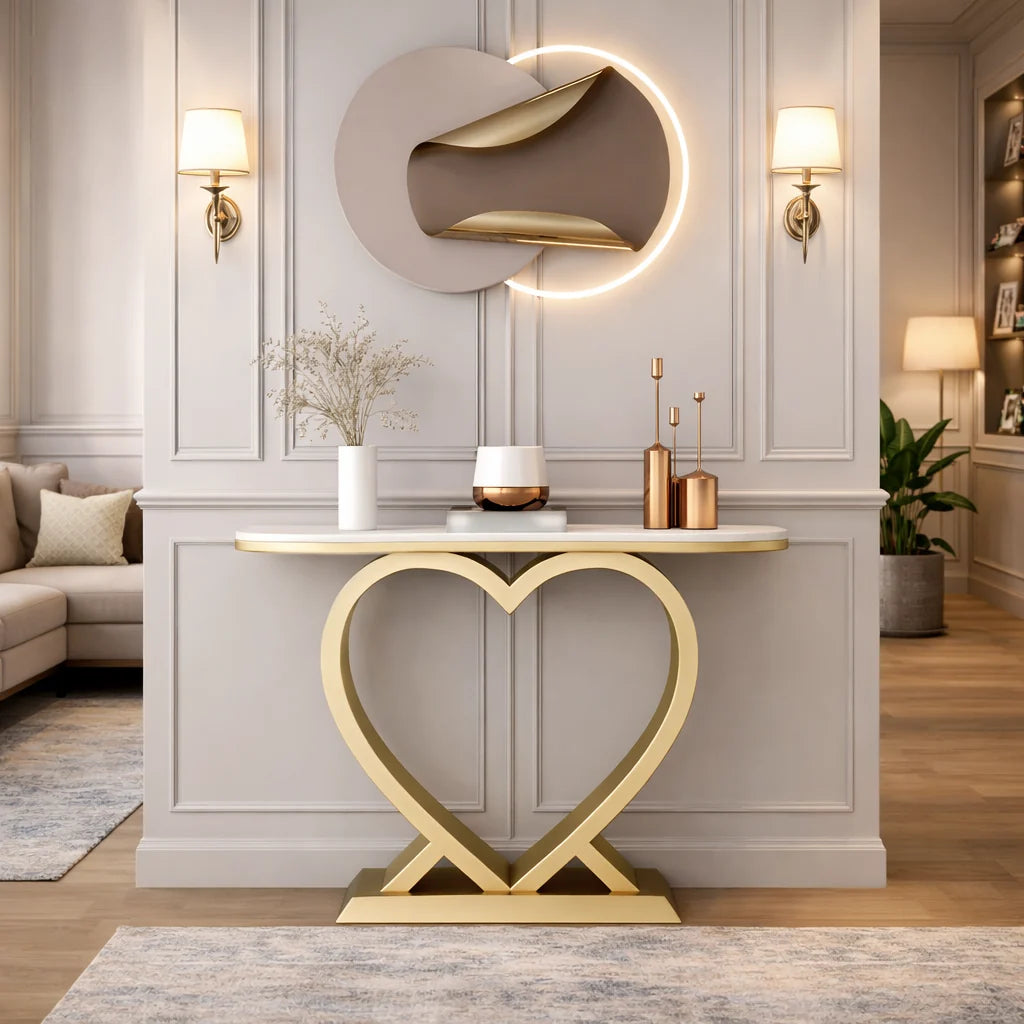 Artistic Marble Console Featuring Unique Gold Heart Frame