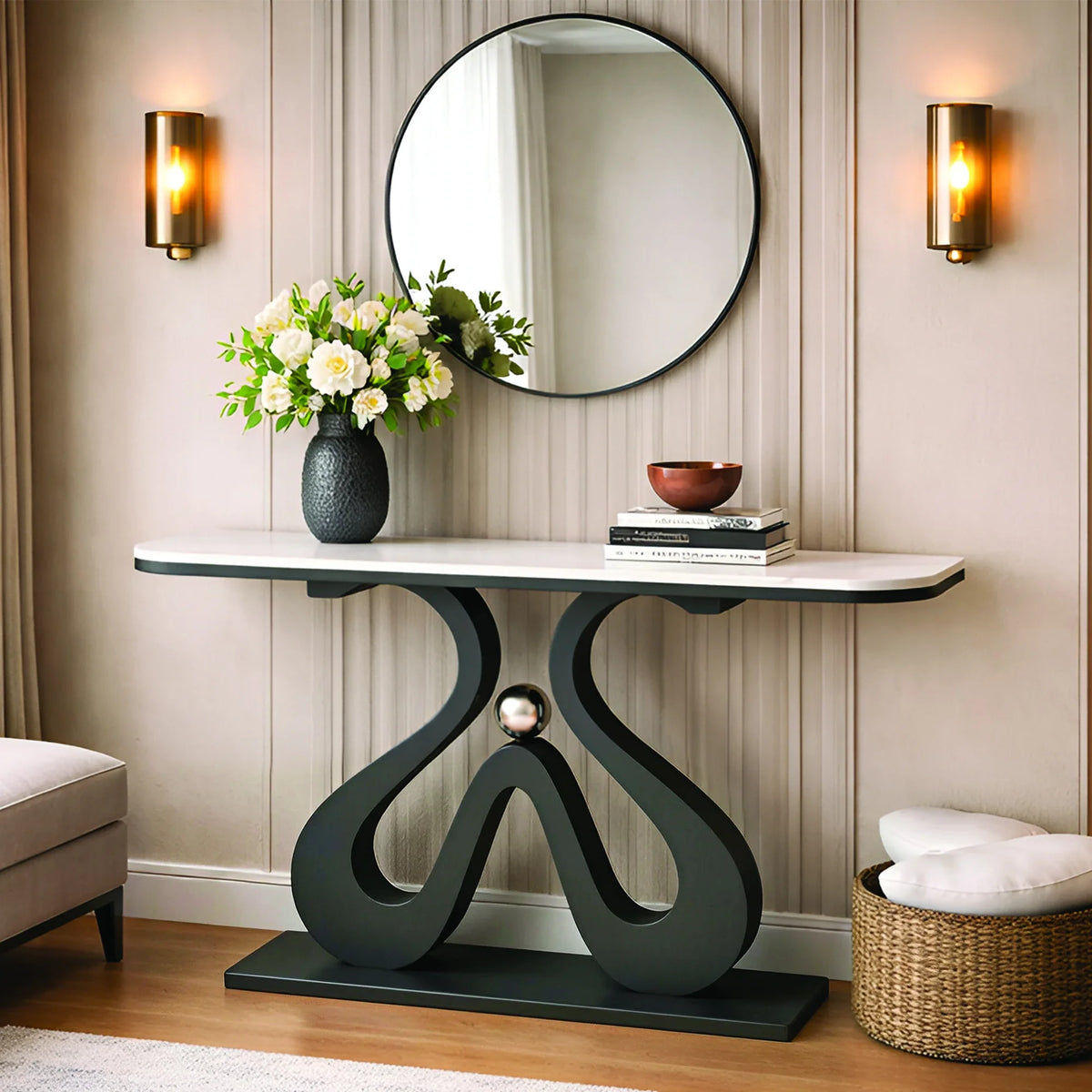 Artistic Marble Console Table with Black Sculptural Base and Silver Ball