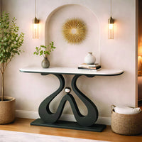 Artistic Marble Console Table with Black Sculptural Base and Silver Ball