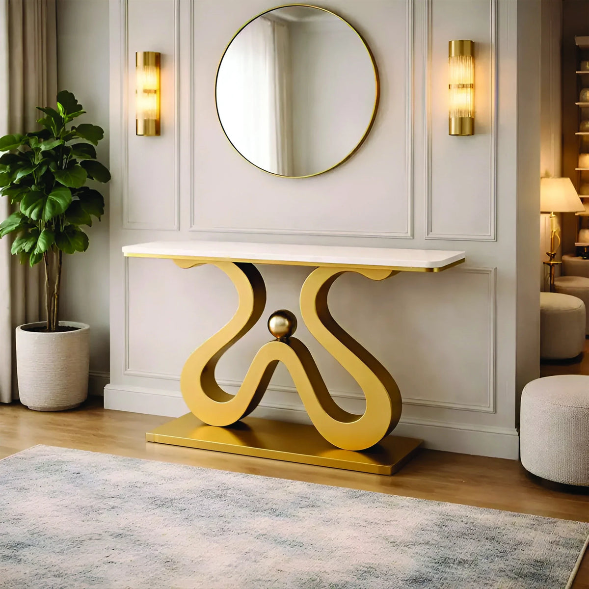 Artistic Marble Console Table with Golden Sculptural Base and Silver Ball