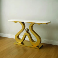 Artistic Marble Console Table with Golden Sculptural Base and Silver Ball