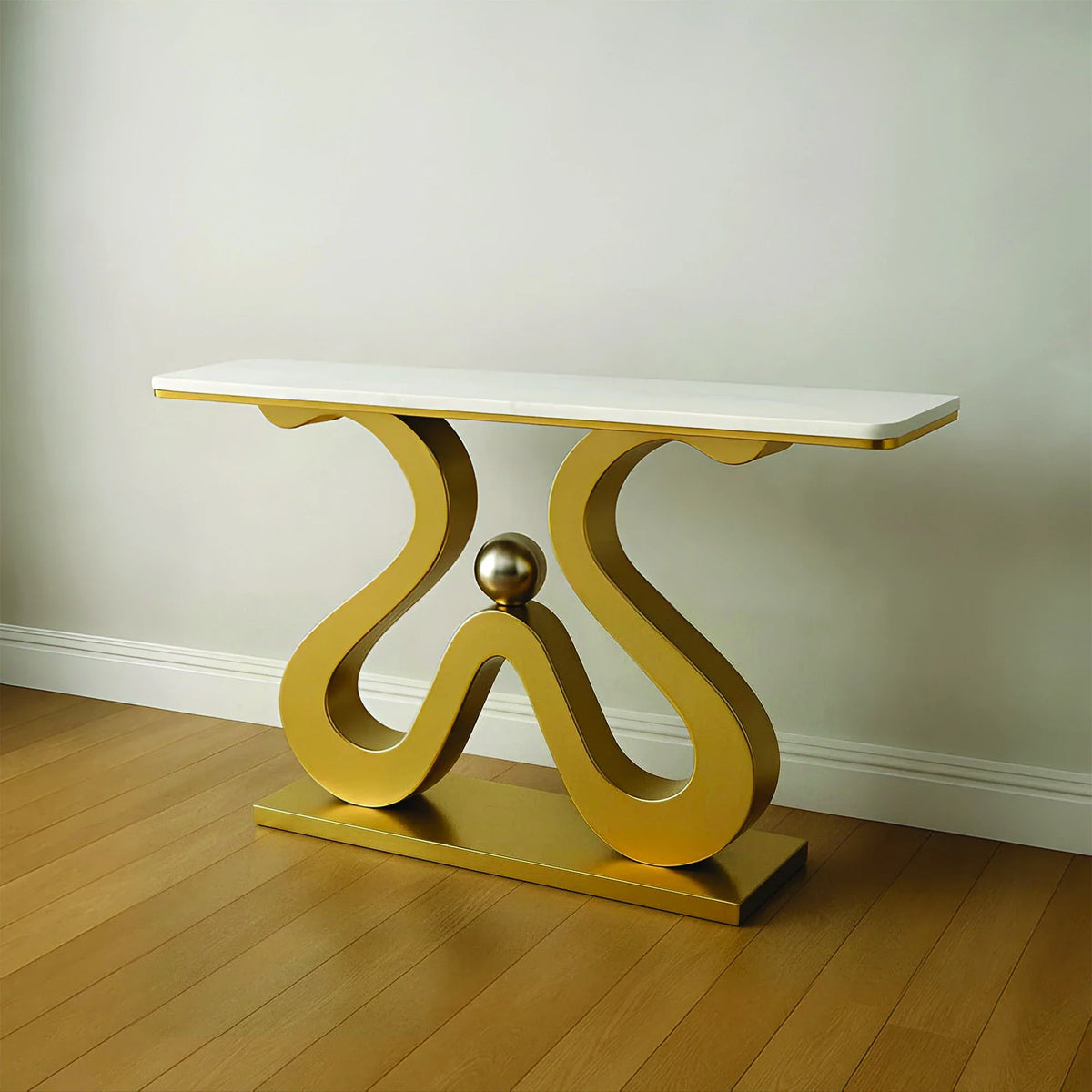 Artistic Marble Console Table with Golden Sculptural Base and Silver Ball