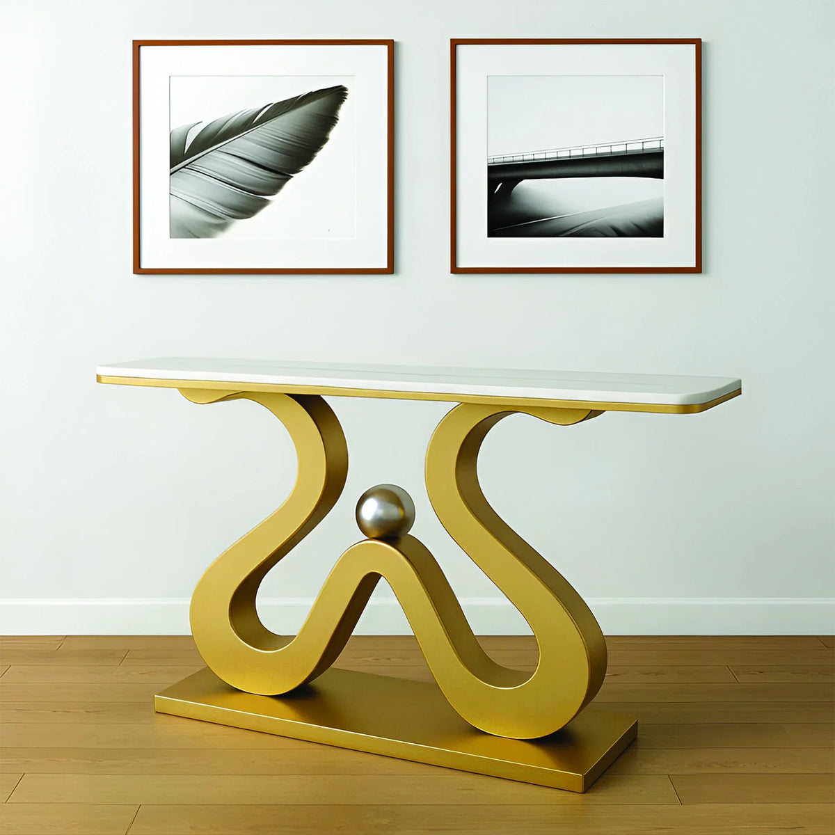 Artistic Marble Console Table with Golden Sculptural Base and Silver Ball