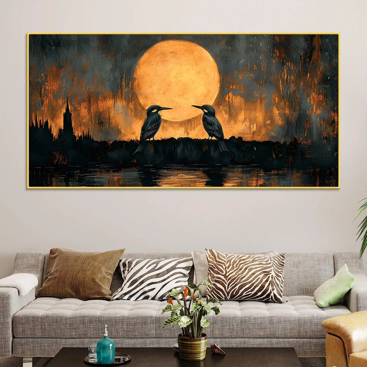 Artistic Moon Birds Canvas Wall Art Abstract Painting for Modern Decor