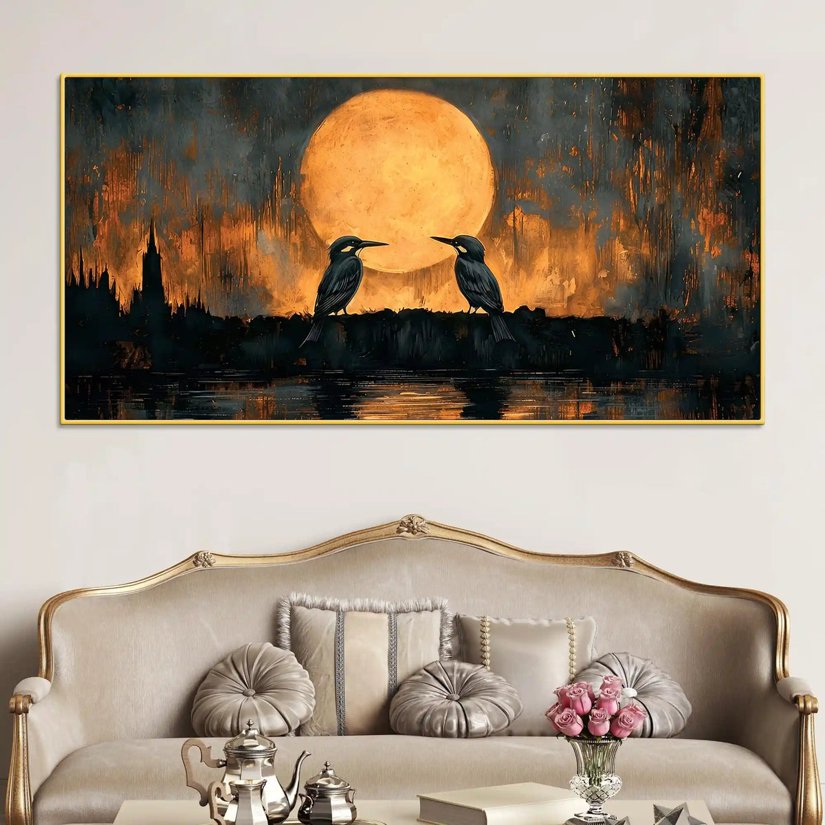 Artistic Moon Birds Canvas Wall Art Abstract Painting for Modern Decor