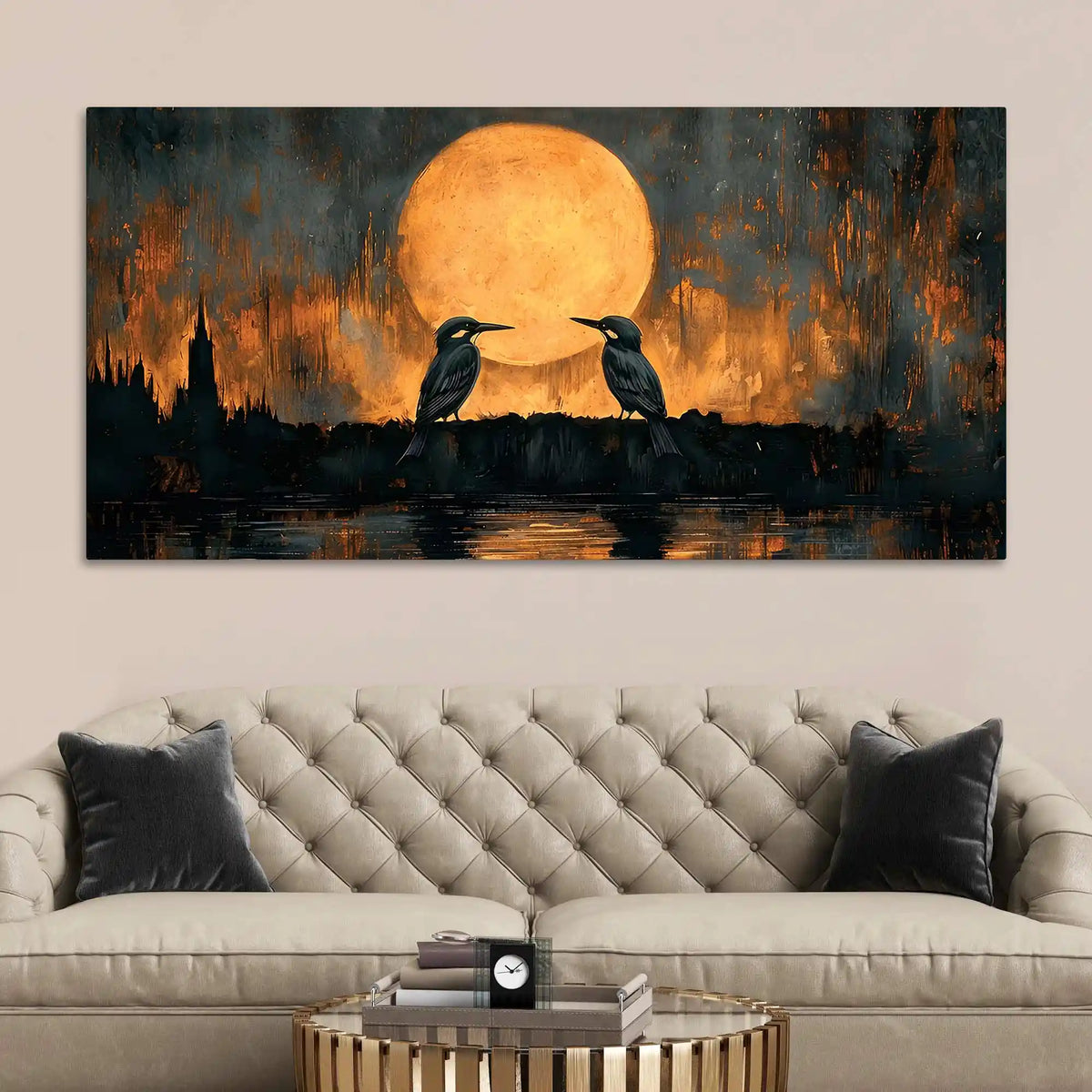 Artistic Moon Birds Canvas Wall Art Abstract Painting for Modern Decor