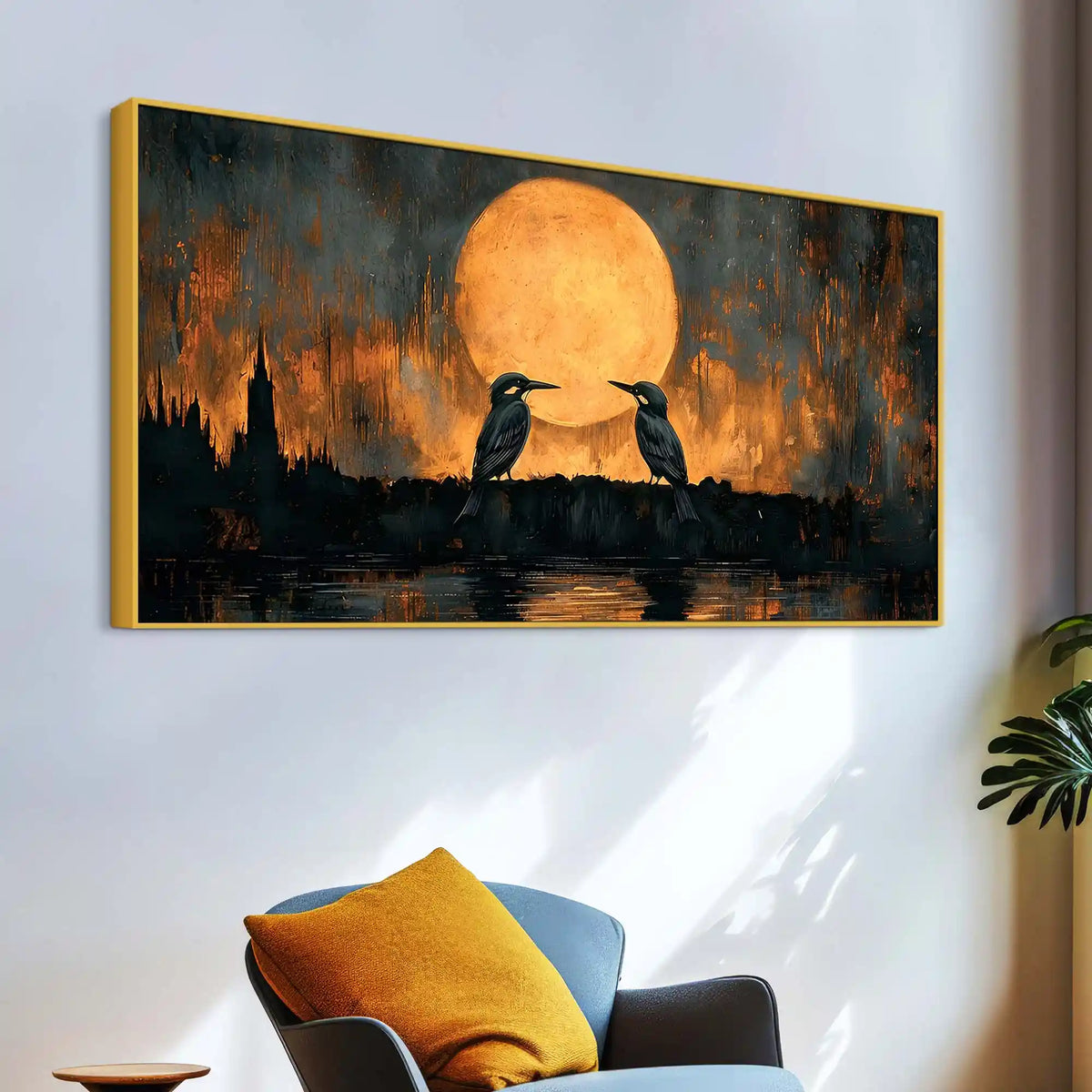 Artistic Moon Birds Canvas Wall Art Abstract Painting for Modern Decor