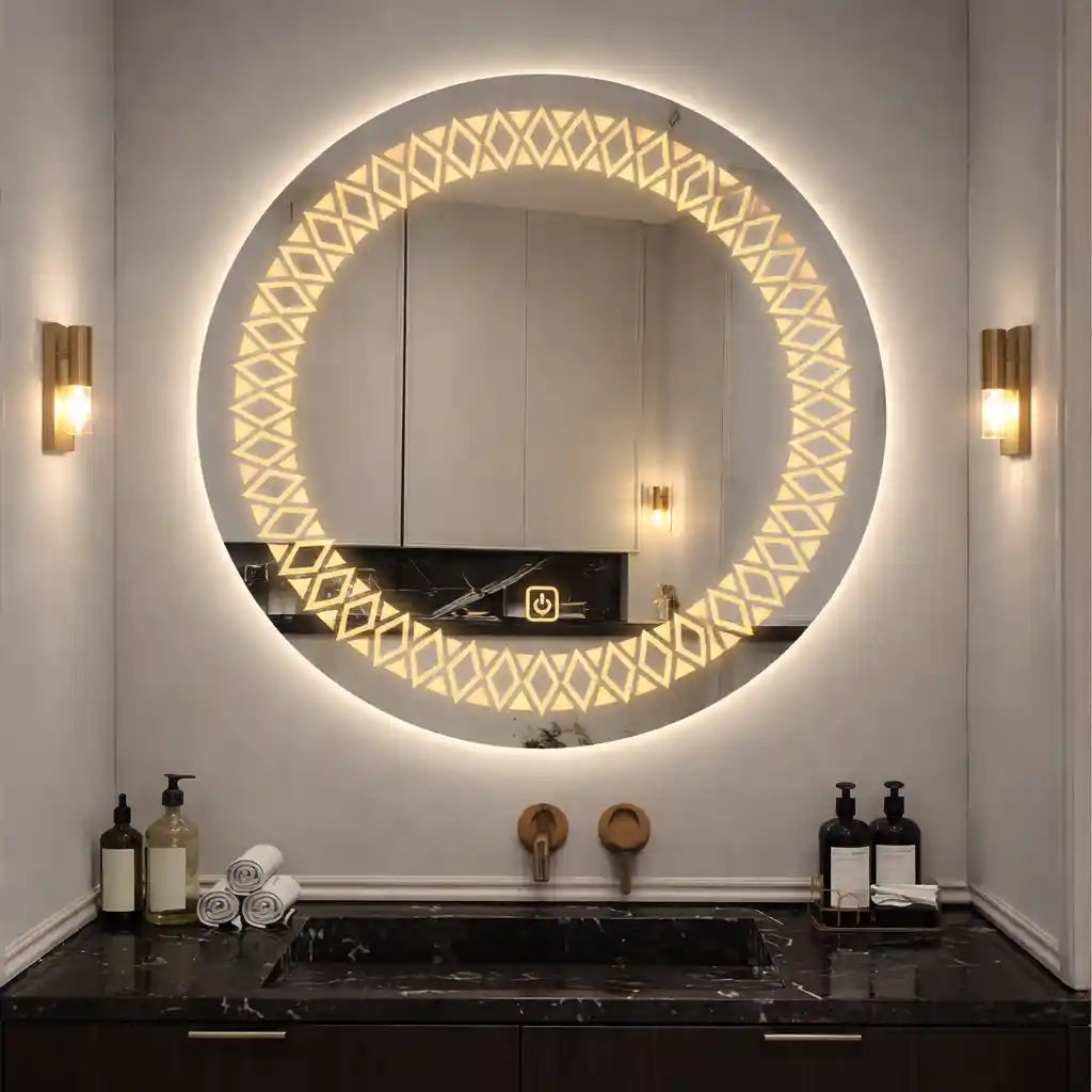 Artistic Pattern Design Art LED Rounded Shape Bathroom Wall Mirror
