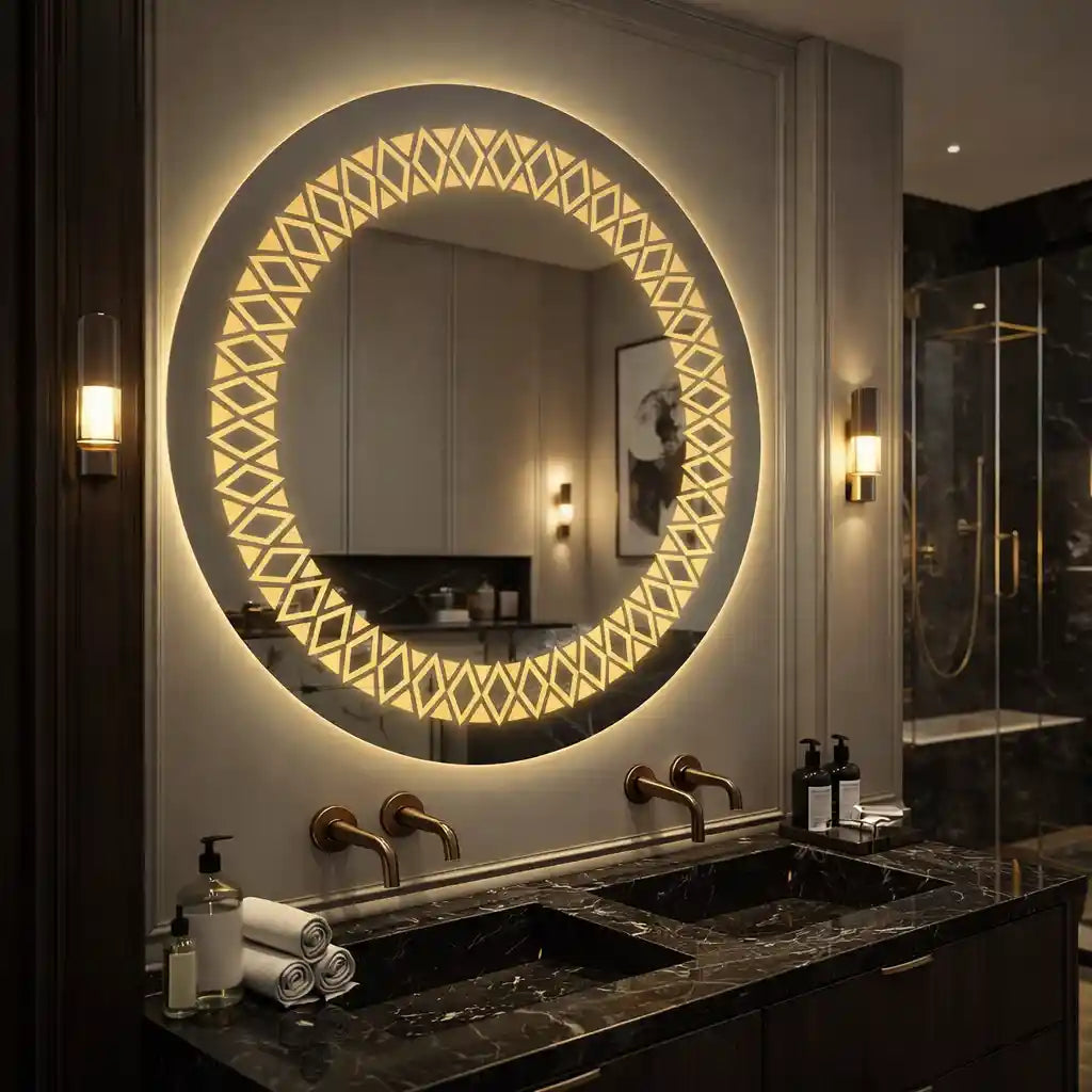 Artistic Pattern Design Art LED Rounded Shape Bathroom Wall Mirror