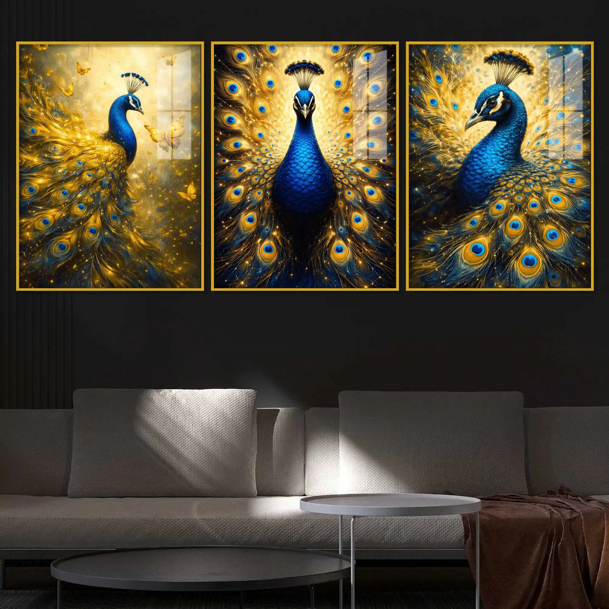 Artistic Peacock Floating Acrylic Wall Painting Set of 3