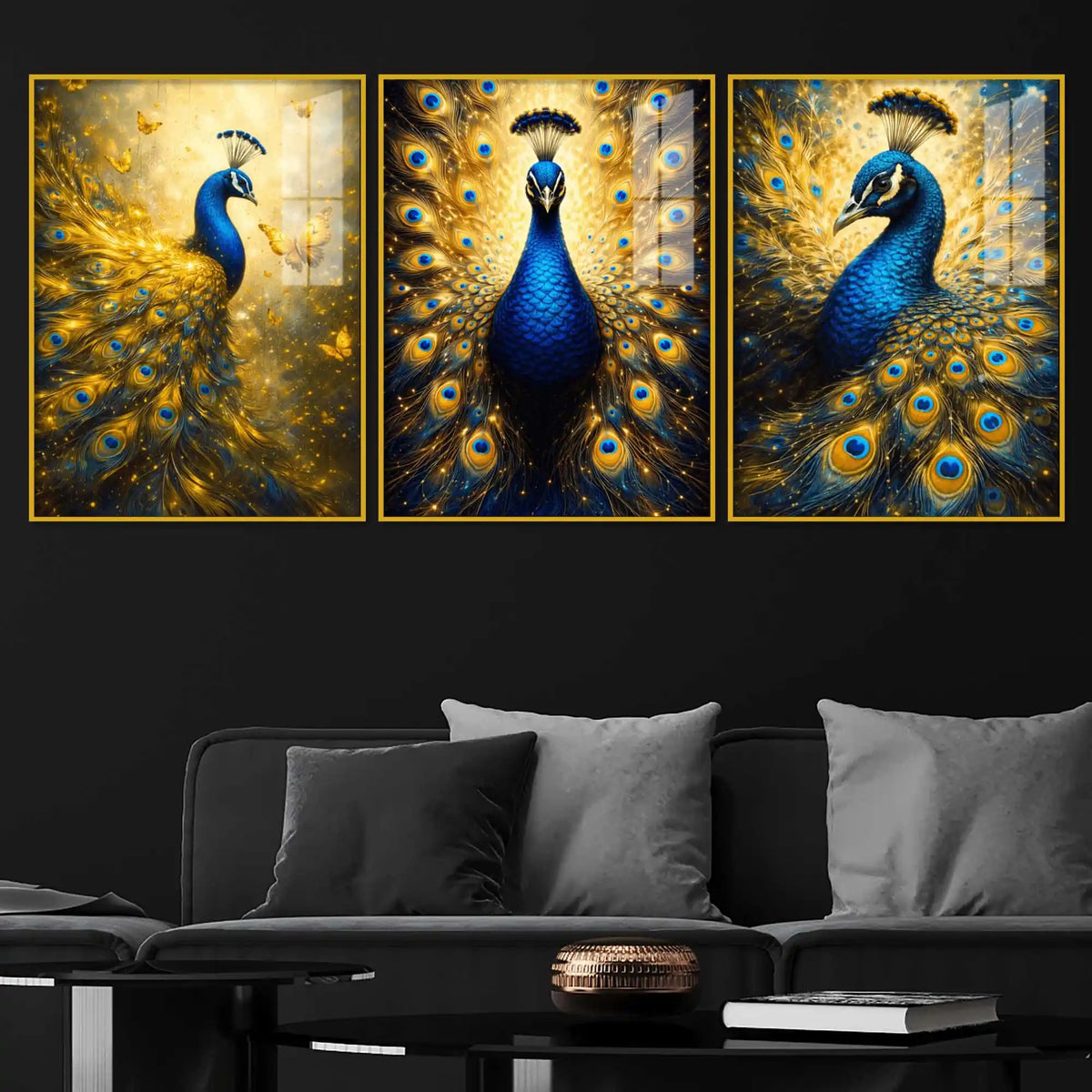 Artistic Peacock Floating Acrylic Wall Painting Set of 3