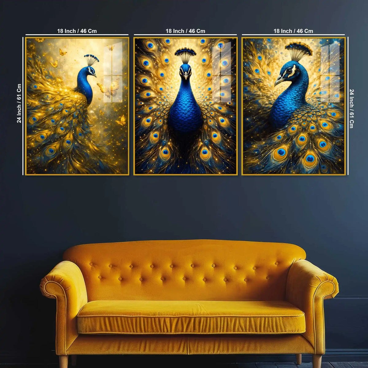 Artistic Peacock Floating Acrylic Wall Painting Set of 3