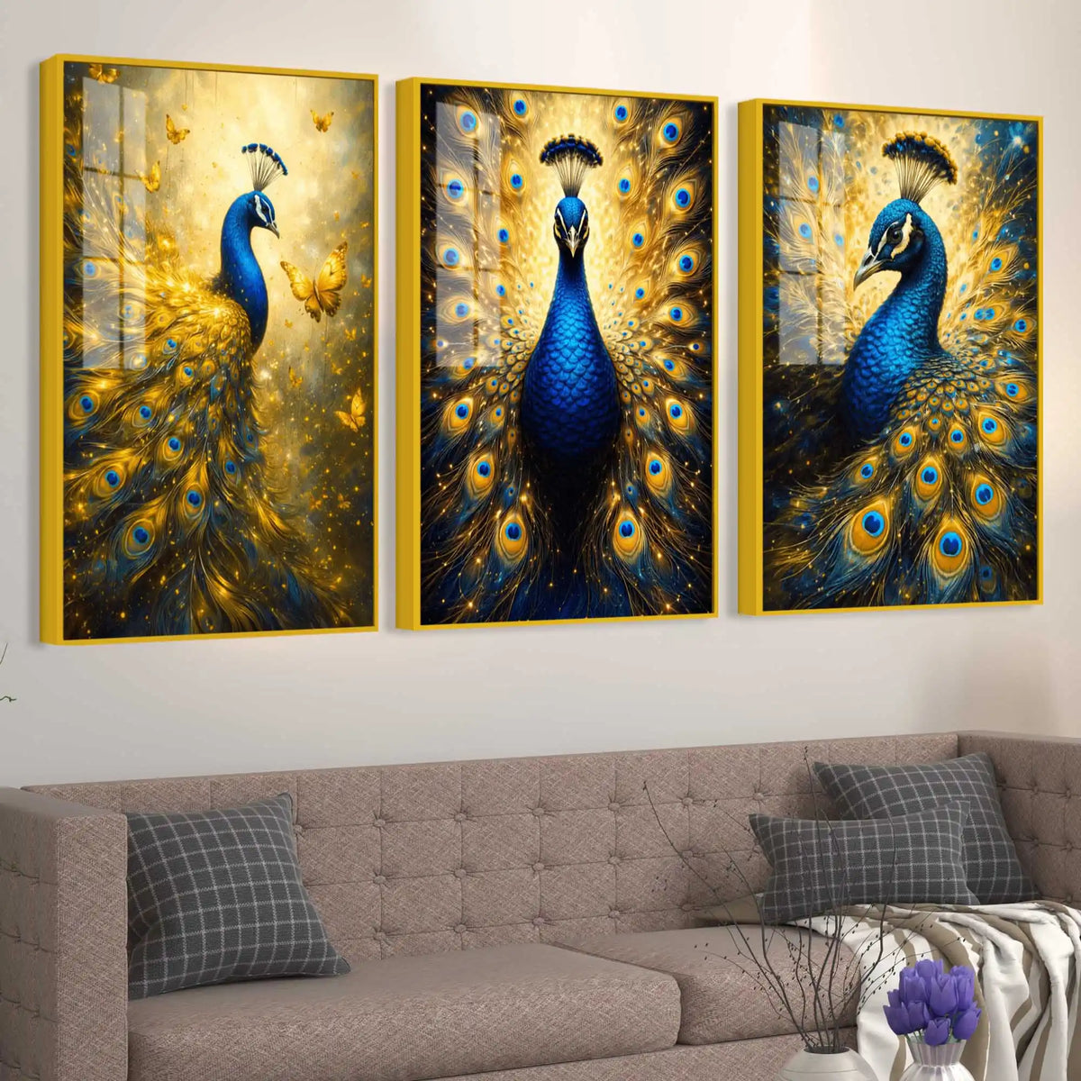 Artistic Peacock Floating Acrylic Wall Painting Set of 3