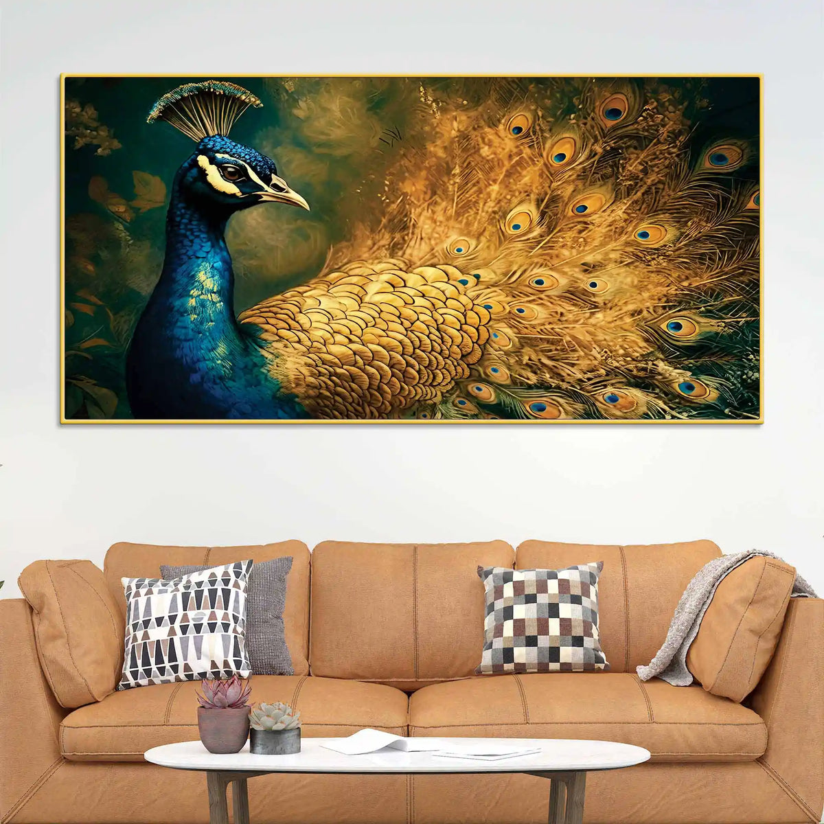 Artistic Royal Blue Peacock with Golden Feathers Canvas Wall Painting