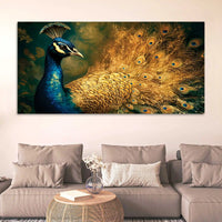 Artistic Royal Blue Peacock with Golden Feathers Canvas Wall Painting