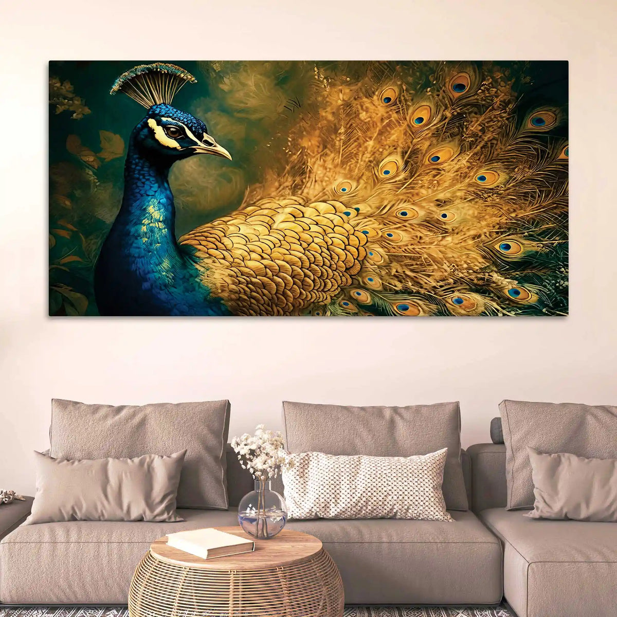 Artistic Royal Blue Peacock with Golden Feathers Canvas Wall Painting