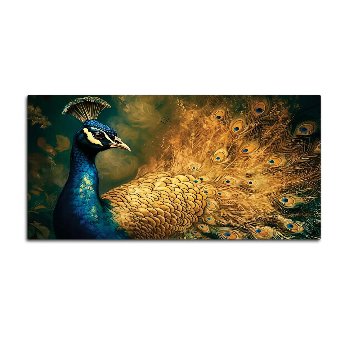 Artistic Royal Blue Peacock with Golden Feathers Canvas Wall Painting