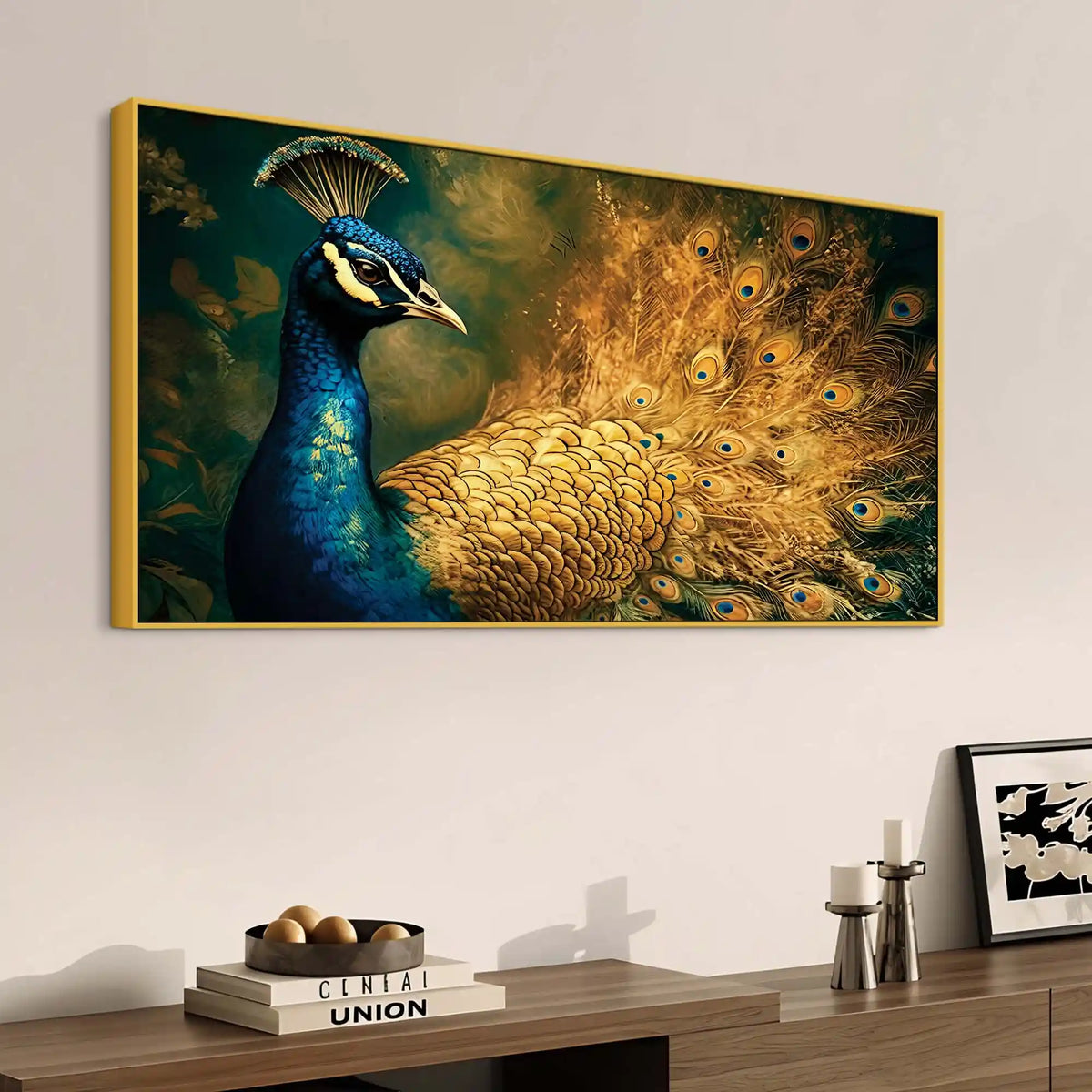 Artistic Royal Blue Peacock with Golden Feathers Canvas Wall Painting