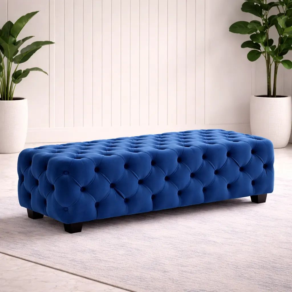 Artistic Tufted Blue Velvet Rectangular Ottoman
