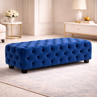 Artistic Tufted Blue Velvet Rectangular Ottoman