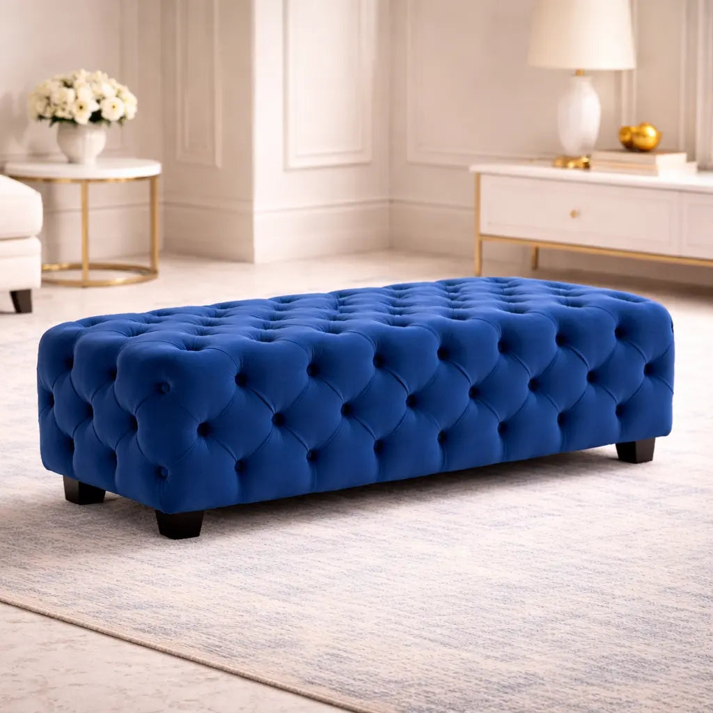 Artistic Tufted Blue Velvet Rectangular Ottoman