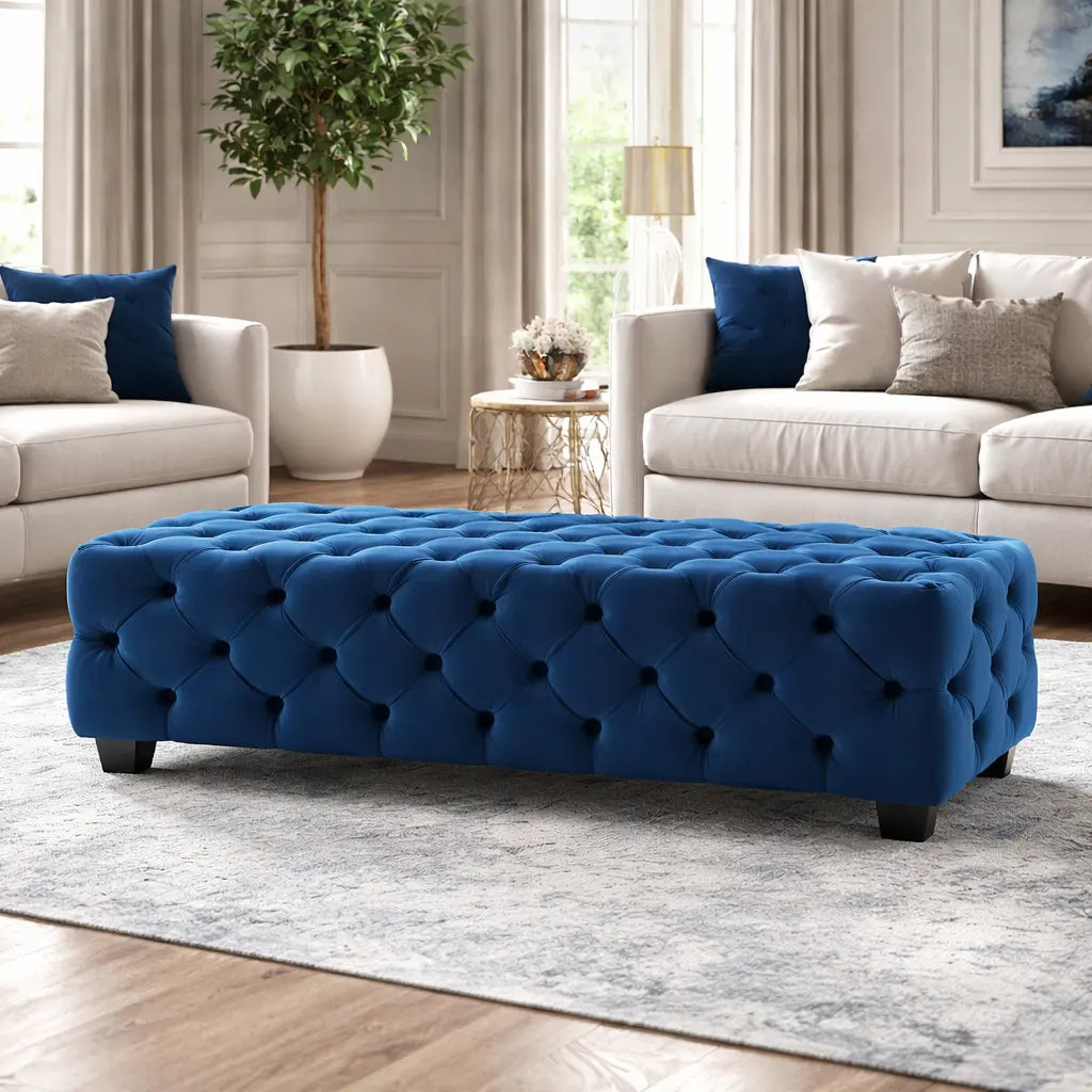 Artistic Tufted Blue Velvet Rectangular Ottoman