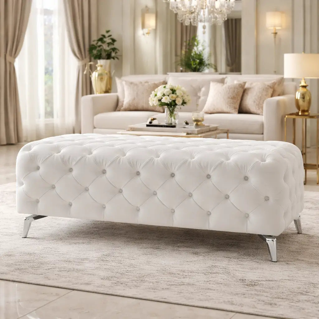 Artistic Tufted White Velvet Rectangular Ottoman